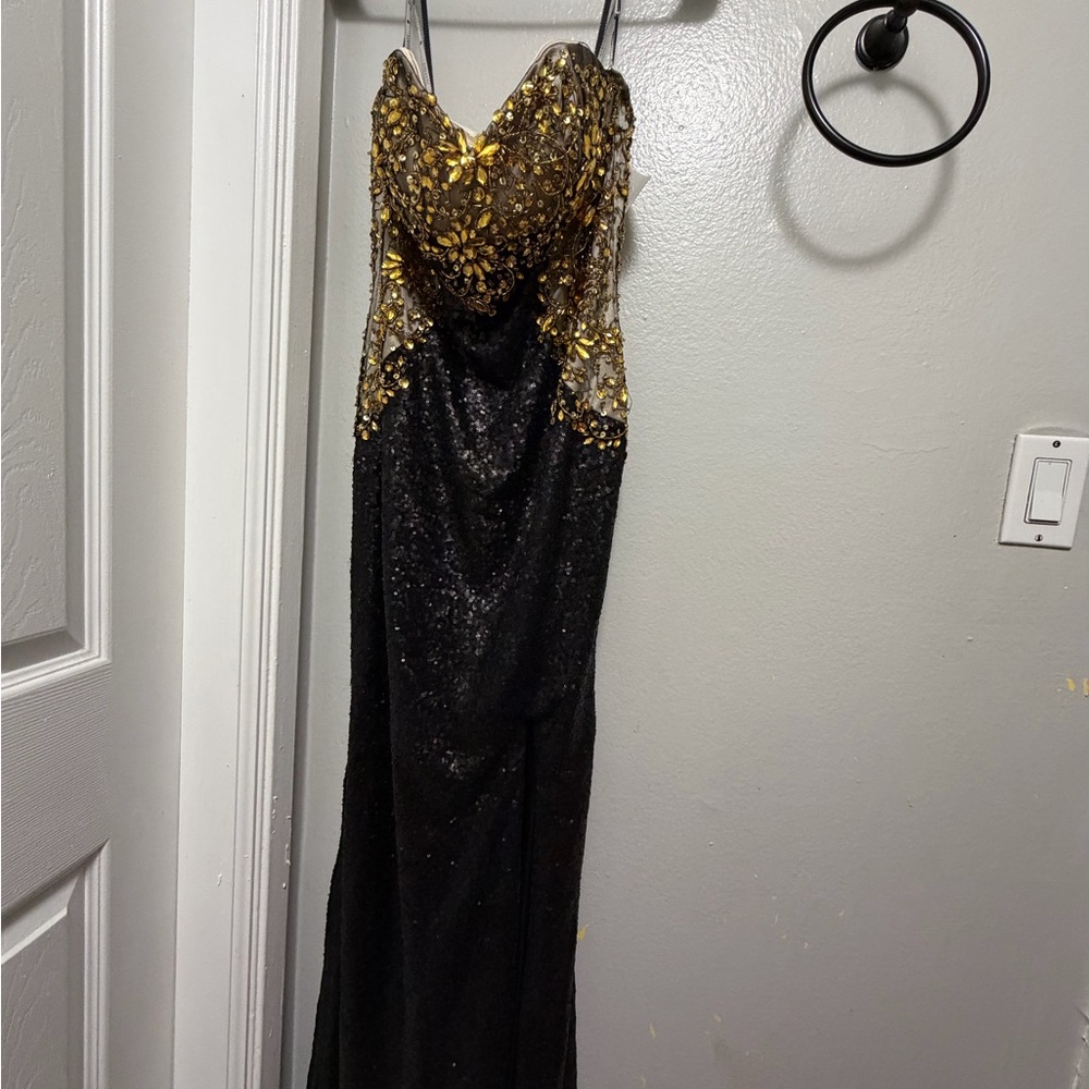 Black and Gold Sequin Prom Dress with Embellished Bodice
